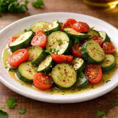 Boiled zucchini and tomatoes with olive oil