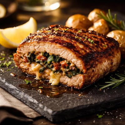 Boneless grilled stuffed pork chop