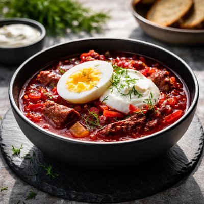Borscht with egg and sour cream