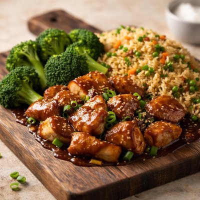 Bourbon chicken with broccoli and fried rice