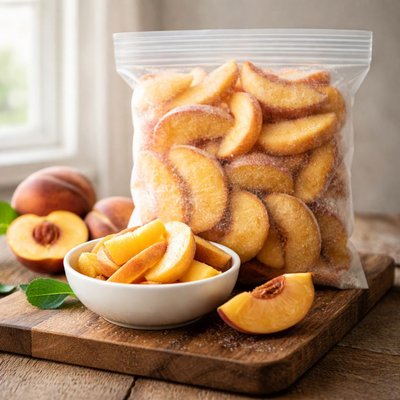 Bowl and basket frozen peaches
