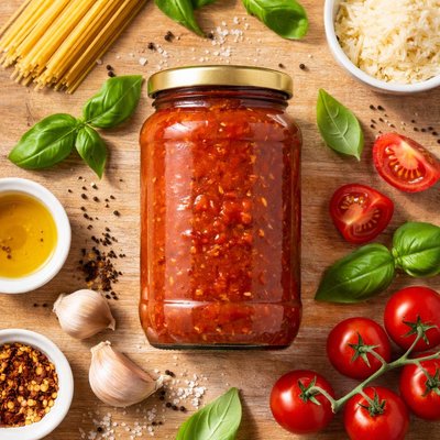 Bowl and basket tomato and  basil sauce