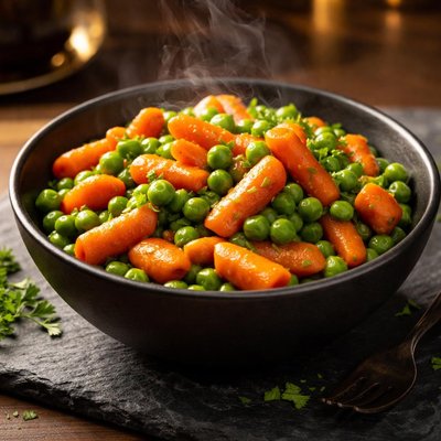 Bowl of carrots and peas steamed