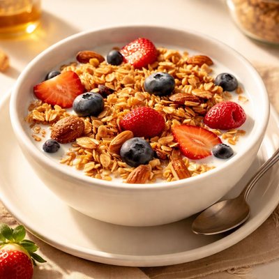 Bowl of granola with milk