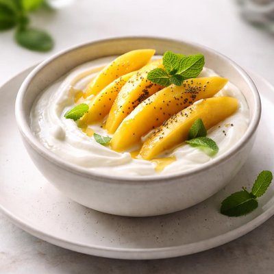 Bowl of greek yogurt with mango slices