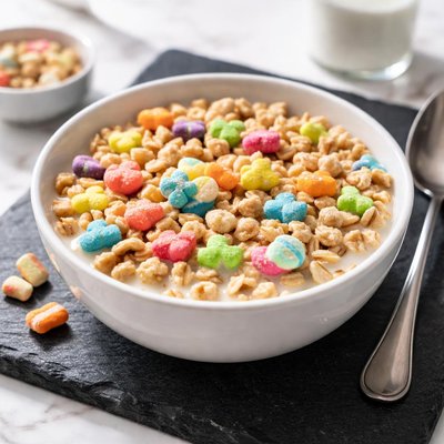 Bowl of lucky charms and milk