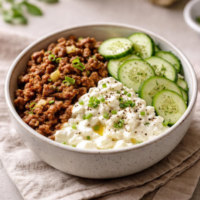 Cuenco de carne picada con queso cottage y pepino