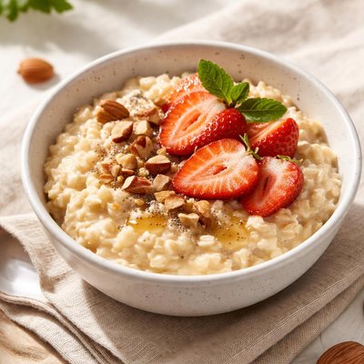 Bowl of oatmeal with strawberries