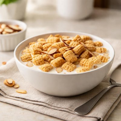 Bowl of rice chexs  and almond milk