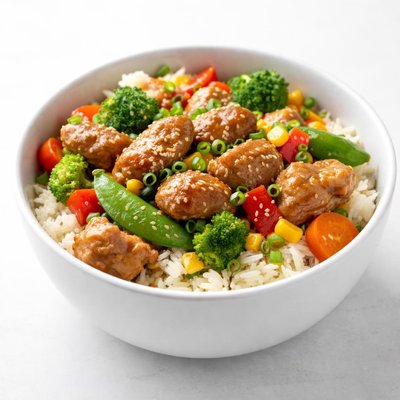 Bowl of rice with vegetables and meat