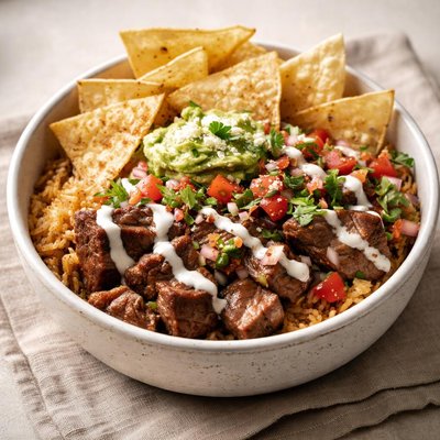 Bowl with chips and meat