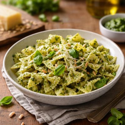 Bowtie pasta with pesto sauce