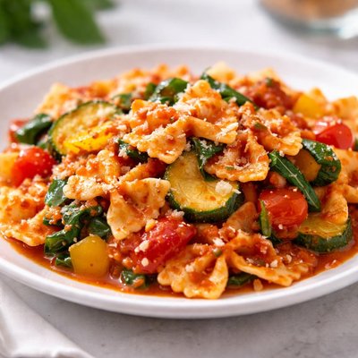 Bowtie pasta with vegetables and tomato sauce