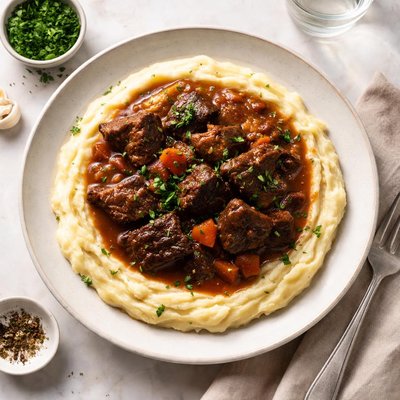 Braised beef on mashed potatoes