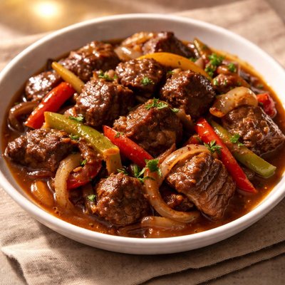 Braised meat with onions and peppers