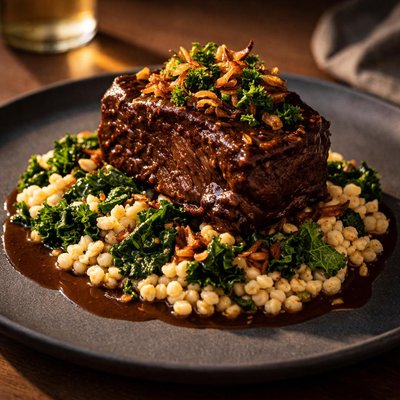 Braised short rib with kale and couscous