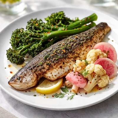 Branzino with brocollini and pickled cauliflower