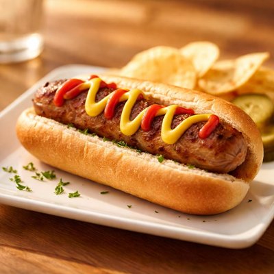 Brat with mustard and ketchup