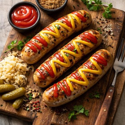 Bratwurst with ketchup and mustard
