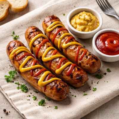 Bratwurst with mustard and ketchup