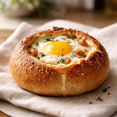 Bread bowl with cheese and egg