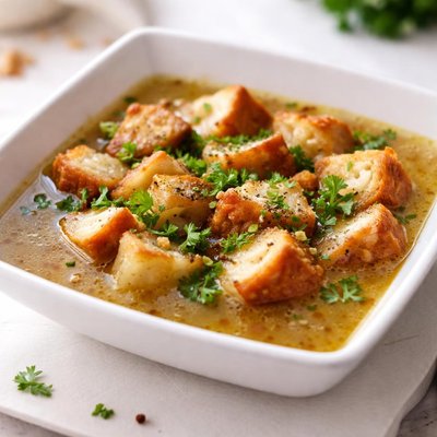 Bread pieces in soup