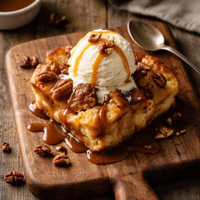Bread pudding with ice cream and caramel sauce