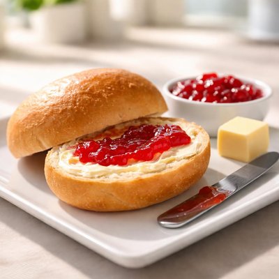 Bread roll with butter and jam