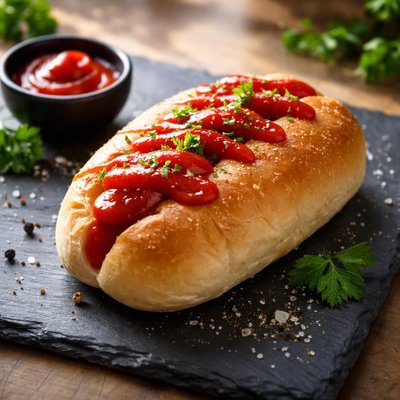 Bread roll with ketchup