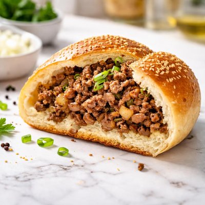 Bread roll with minced meat and onions