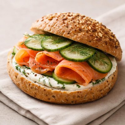 Bread roll with smoked salmon and cucumber