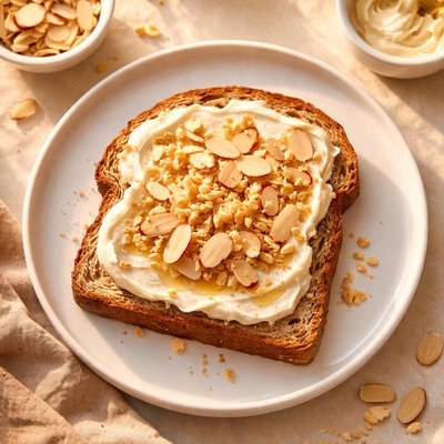 Bread slice with almond flakes and spread