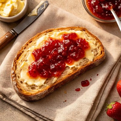 Bread slice with butter and jam