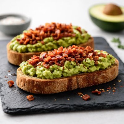 Bread with avocado and bacon bits
