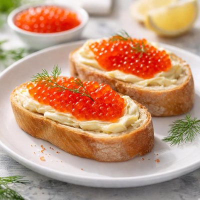 Bread with butter and red caviar