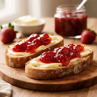 Bread with butter and strawberry jam