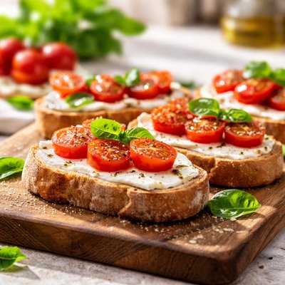 Bread with cheese and cherry tomatoes