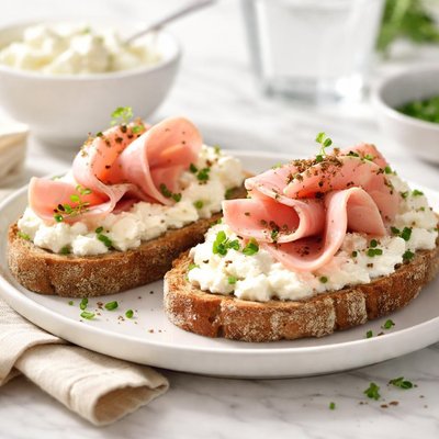 Bread with cottage cheese and ham