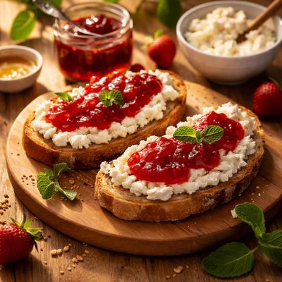 Bread with cottage cheese and jam