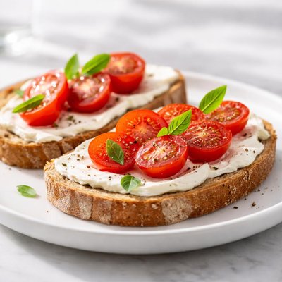Bread with cream cheese and cherry tomatoes