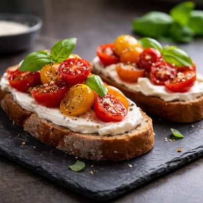Bread with cream cheese and tomatoes