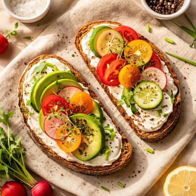 Bread with cream cheese and vegetables