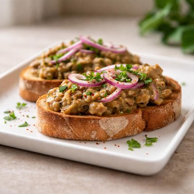 Bread with eggplant spread and onions