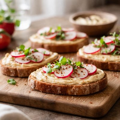 Bread with hummus and radishes