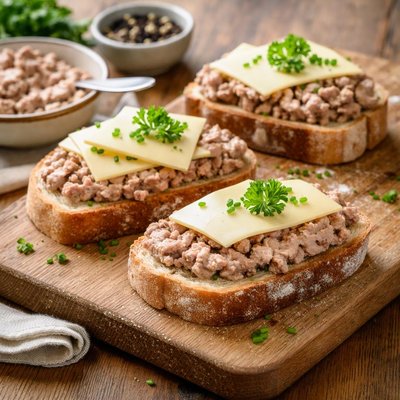 Bread with meat spread and cheese