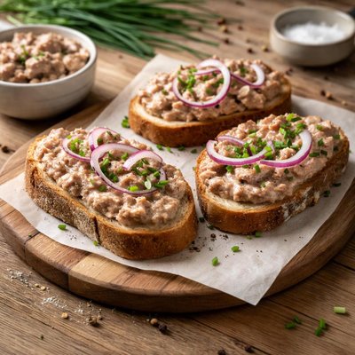Bread with meat spread and onions
