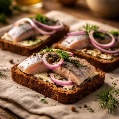 Bread with pickled herring and onion