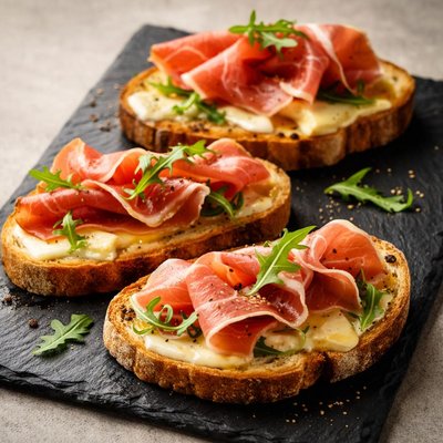 Bread with prosciutto and cheese