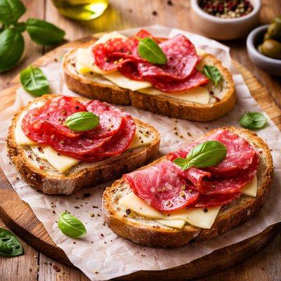 Bread with salami and cheese