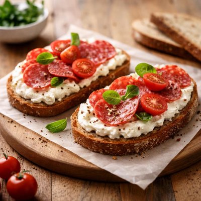 Bread with salami and cottage cheese